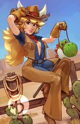 Rule 34 | 1girl, bandana, bandana around neck, belt, belt buckle, blonde hair, breasts, brown vest, buckle, chaps, character doll, cleavage, cowboy hat, cowgirl (western), cowgirl peach, earrings, fake horns, fence, hat, hoop earrings, horned headwear, horns, jewelry, lasso, looking at viewer, mario (series), medium breasts, momo-deary, nintendo, no bra, open clothes, open shirt, princess peach, princess peach: showtime!, sitting, smile, solo, stick horse, unbuttoned, vest, wooden fence, yoshi