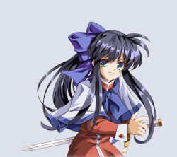 Rule 34 | 1girl, black hair, blue bow, bow, capelet, closed mouth, commentary, cowboy shot, dress, eyes visible through hair, fighting stance, floating hair, green eyes, grey background, hair between eyes, hair bow, highres, holding, holding sword, holding weapon, kanon, kawasumi mai, long hair, long sleeves, longmei er de tuzi, looking at viewer, ponytail, purple bow, red dress, retro artstyle, school uniform, serious, sidelocks, simple background, solo, standing, sword, v-shaped eyebrows, very long hair, weapon, white capelet