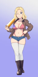 Rule 34 | 1girl, american flag bikini, bikini, bikini under clothes, blonde hair, blue background, blue eyes, blue shorts, blush, breasts, cleavage, closed mouth, collared jacket, flag print, full body, girls und panzer, gradient background, hand on own hip, highres, jacket, kay (girls und panzer), large breasts, long hair, looking at viewer, military, military jacket, military uniform, one eye closed, saunders military uniform, shiri chin, shorts, simple background, smile, solo, swimsuit, uniform