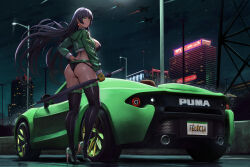 Rule 34 | 1girl, absurdres, aircraft, airplane, aqua footwear, ass, bikini, black bikini, black thighhighs, breasts, building, car, character name, commentary, commission, dark-skinned female, dark skin, felicia castro, fighter jet, from behind, full body, gloves, green eyes, green jacket, hand on own hip, high heels, highres, holding, holding umbrella, jacket, jet, kcar66t, lamppost, large breasts, license plate, long hair, long sleeves, military, military vehicle, motor vehicle, night, night sky, original, outdoors, pixiv commission, power lines, race queen, single glove, sky, solo, sports car, star (sky), starry sky, swimsuit, thighhighs, umbrella, utility pole, vehicle focus, vehicle request, yellow gloves