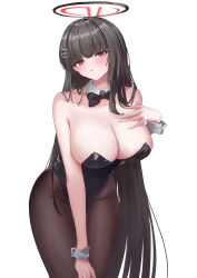 Rule 34 | 1girl, absurdres, alternate costume, bare shoulders, black bow, black bowtie, black hair, black leotard, black pantyhose, blue archive, blush, bow, bowtie, breasts, collarbone, detached collar, groin, halo, highres, huge breasts, leotard, long hair, looking at viewer, nonoka7221, pantyhose, playboy bunny, red eyes, rio (blue archive), simple background, solo, straight hair, strapless, strapless leotard, sweatdrop, very long hair, white background, wrist cuffs