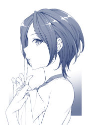 Rule 34 | 10s, 1girl, blue theme, finger to mouth, from side, hayami kanade, highres, idolmaster, idolmaster cinderella girls, looking at viewer, monochrome, mushi024, nail polish, parted lips, short hair, shushing, solo, upper body