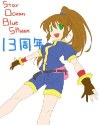 Rule 34 | 1girl, :d, blue shorts, brown hair, fingerless gloves, gloves, green eyes, long hair, looking at viewer, nanase miyuyu, open mouth, ponytail, precis neumann, shorts, simple background, smile, solo, star ocean, star ocean blue sphere, star ocean the second story, white background