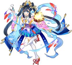 Rule 34 | 1girl, :d, ark order, black hair, blue eyes, blue skirt, blunt bangs, breasts, bubble, bubble print, bubble skirt, facial mark, fang, fins, fish, frilled skirt, frilled sleeves, frills, gem, gold, goldfish, hagoromo, hair tubes, hatoyama itsuru, head fins, holding, holding test tube, japanese clothes, jellyfish print, kimono, lace-trimmed sash, long hair, long sleeves, multicolored clothes, multicolored kimono, obi, official art, okobo, open mouth, otohime (ark order), pearl (gemstone), platform clogs, purple sash, red footwear, sandals, sash, shawl, sidelocks, skirt, smile, solo, tachi-e, tassel, test tube, thighhighs, transparent background, twintails, very long hair, wave print, white kimono, wide sleeves