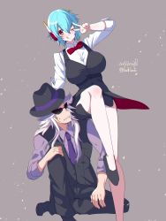 Rule 34 | 1boy, 1girl, arm up, bare legs, blue hair, breasts, character request, cleavage, copyright request, eyebrows hidden by hair, hair between eyes, hat, highres, large breasts, long hair, looking at another, looking at viewer, office lady, one eye closed, original, red eyes, ribbon, shirt, short hair, sitting, sitting on person, smile, sunglasses, tajima yoshikazu, tongue, tongue out, uniform, v, vest, white hair, white shirt