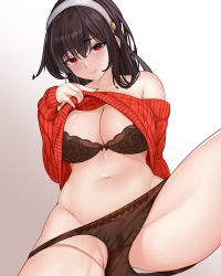 Rule 34 | 1girl, bare shoulders, black bra, black hair, black panties, bra, breasts, cetta (cettadvd), cleavage, closed mouth, clothes lift, collarbone, groin, hairband, highres, large breasts, lifted by self, long hair, looking at viewer, nail polish, navel, off-shoulder sweater, off shoulder, panties, panty pull, partially undressed, raised eyebrows, red eyes, red nails, red sweater, sitting, solo, spread legs, spy x family, stomach, sweater, sweater lift, thighs, underwear, white hairband, yor briar