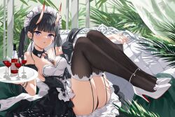 Rule 34 | 1girl, :o, absurdres, alcohol, alternate costume, anklet, ass, azur lane, bare shoulders, between breasts, black dress, black hair, black panties, black thighhighs, bottle, breasts, cleavage, couch, cup, detached collar, detached sleeves, devil heavens, dress, drinking glass, enmaided, garter straps, heart, high heels, highres, horns, jewelry, legs, legs up, long hair, looking at viewer, lying, maid, maid headdress, medium breasts, noshiro (azur lane), noshiro (hold the ice) (azur lane), official alternate costume, on back, on couch, oni horns, open mouth, panties, patent heels, pumps, purple eyes, reclining, shoes, short sleeves, sidelocks, solo, strapless, strapless dress, thighhighs, thighs, tray, twintails, underwear, very long hair, white footwear, wine, wine bottle, wine glass, wing collar