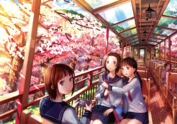 Rule 34 | 4girls, :d, brown hair, camera, chair, cherry blossoms, cropped, fuzichoco, hair ornament, hairclip, highres, holding, long hair, multiple girls, non-web source, open mouth, original, pink eyes, pointing, scan, short hair, sitting, smile, sunlight, tree, twintails