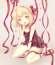Rule 34 | 1girl, blonde hair, blush, camisole, finger in own mouth, full body, hair ribbon, highres, looking at viewer, nightgown, open mouth, red eyes, ribbon, rumia, senju (uroakono), short hair, single sock, sitting, socks, solo, touhou, white socks