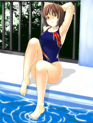 Rule 34 | 1girl, armpits, arms behind head, barefoot, brown eyes, brown hair, competition swimsuit, feet, full body, highleg, highleg swimsuit, legs, oboro (squeeze), one-piece swimsuit, original, outdoors, pool, poolside, print swimsuit, short hair, sitting, soaking feet, solo, stretching, swimsuit, water