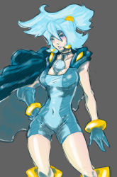 Rule 34 | 1girl, bare arms, blue eyes, blue gloves, blue hair, bracelet, breasts, cape, clair (pokemon), cleavage, covered navel, creatures (company), earrings, epaulettes, floating hair, game freak, gem, gloves, grey background, gym leader, hair ornament, hand on own hip, high ponytail, jewelry, jipeto, large breasts, long hair, navel, nintendo, pearl (gemstone), pokemon, pokemon hgss, ponytail, simple background, solo