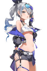 Rule 34 | 1girl, absurdres, berserker r, black jacket, black ribbon, black shorts, blue gloves, blue hair, breasts, eyewear on head, fingerless gloves, gloves, gradient hair, grey gloves, grey hair, hair ribbon, highres, honkai: star rail, honkai (series), jacket, long hair, looking at viewer, midriff, multicolored hair, navel, open clothes, open fly, open jacket, ponytail, ribbon, shorts, silver wolf (honkai: star rail), simple background, small breasts, solo, stomach, sunglasses, thighs, two-tone gloves, underboob, white background