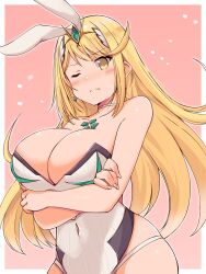 Rule 34 | 1girl, arms under breasts, bare shoulders, blonde hair, blush, breasts, chinese zodiac, cleavage, collarbone, covered navel, cowboy shot, crossed arms, curvy, female focus, highleg, highleg leotard, highres, kurokaze no sora, large breasts, leotard, matching hair/eyes, mythra (xenoblade), navel, playboy bunny, solo, standing, strapless, strapless leotard, white leotard, wide hips, xenoblade chronicles (series), xenoblade chronicles 2, year of the rabbit, yellow eyes