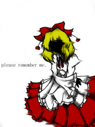 Rule 34 | 1girl, black hands, blonde hair, bow, colored extremities, embodiment of scarlet devil, english text, faceless, female focus, hair bow, red bow, red ribbon, red skirt, ribbon, sad, satsuki rin, shirt, short hair, simple background, skirt, solo, touhou, white background, white shirt