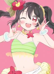 Rule 34 | 1girl, ;d, bead necklace, beads, bikini, black hair, flower, green bikini, green nails, hair flower, hair ornament, highres, jewelry, love live!, love live! school idol project, necklace, nico nico nii, one eye closed, open mouth, osono (jpku7757), pink background, red eyes, red flower, simple background, smile, solo, swimsuit, twintails, yazawa nico