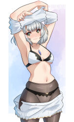 Rule 34 | 1girl, armpits, artist name, blue background, blush, border, breasts, chest jewel, cleavage, closed mouth, clothes lift, clothes pull, commentary, english commentary, eyelashes, furrowed brow, grey hair, high-waist pantyhose, highres, looking at viewer, medium breasts, medium hair, mio (xenoblade), navel, outside border, panties, panties under pantyhose, pantyhose, purple background, shirt lift, skindentation, skirt, skirt pull, smile, solo, twitter username, two-tone background, underwear, white border, xenoblade chronicles (series), xenoblade chronicles 3, yaizaberry