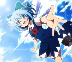 Rule 34 | 1girl, blue eyes, blue hair, bow, cirno, do (4-rt), dress, hair bow, highres, ice, ice wings, looking at viewer, matching hair/eyes, open mouth, outstretched hand, short hair, smile, solo, touhou, wings