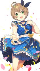 Rule 34 | 1girl, ahoge, blue choker, blue dress, blue ribbon, blurry, blurry foreground, blush, bow, braid, breasts, brown hair, choker, collarbone, cowboy shot, dot nose, dress, falling petals, feet out of frame, frilled dress, frills, green eyes, hair between eyes, hair bow, hair ribbon, hand up, highres, idolmaster, idolmaster million live!, idolmaster million live! theater days, infinite sky (idolmaster), kurotea, large breasts, light brown hair, looking at viewer, open mouth, petals, plaid, plaid dress, reaching, reaching towards viewer, ribbon, sakuramori kaori, short hair, short sleeves, simple background, smile, solo, sparkle, standing, teeth, upper teeth only, white background, white wristband
