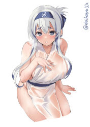 Rule 34 | 1girl, blue headband, blush, breasts, commentary request, ebifurya, grey eyes, hair between eyes, hand on own chest, headband, highres, kamoi (kancolle), kantai collection, large breasts, looking at viewer, see-through, short hair with long locks, simple background, solo, thighs, twitter username, wet, wet clothes, white background, white hair