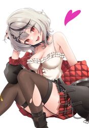 Rule 34 | 1girl, absurdres, black hair, blush, breasts, camisole, choker, cleavage, collar, commentary, commentary request, grey hair, hair ornament, heart, heart choker, highres, hololive, jacket, jacket partially removed, medium breasts, miniskirt, mt mozuku, multicolored hair, open mouth, plaid, plaid skirt, red eyes, sakamata chloe, sakamata chloe (1st costume), short hair, simple background, sitting, skirt, smile, solo, streaked hair, thighhighs, torn clothes, torn thighhighs, virtual youtuber, white background, x hair ornament, zettai ryouiki