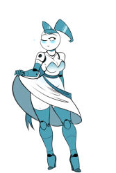 Rule 34 | 1girl, black eyes, blue hair, boots, breasts, cleavage, clothes lift, dress, dress lift, elbow gloves, gloves, high heel boots, high heels, highres, jenny wakeman, joints, my life as a teenage robot, nsfwskully, one eye closed, robot joints, screw, thigh boots, thighhighs, twintails, wink