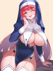 Rule 34 | 1girl, absurdres, breasts, habit, heterochromia, highres, hololive, houshou marine, houshou marine (nun), large breasts, long hair, looking at viewer, no bra, nun, open mouth, red eyes, red hair, smile, solo, thick thighs, thighs, virtual youtuber, yellow eyes, yuruto