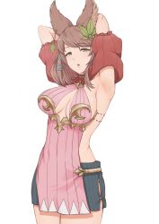 Rule 34 | 1girl, absurdres, animal ears, armpits, arms behind head, arms up, bad id, bad pixiv id, black skirt, breasts, brown hair, cleavage cutout, clothing cutout, cowboy shot, erune, granblue fantasy, green eyes, hair ornament, half-closed eyes, highres, impossible clothes, la coiffe (granblue fantasy), large breasts, leaf hair ornament, legs together, looking at viewer, medium hair, mil k vanilla, parted lips, puffy sleeves, short sleeves, simple background, skirt, solo, standing, swept bangs, tareme, turtleneck, white background