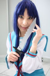 Rule 34 | ari (model), asakura ryouko, blue hair, cosplay, highres, knife, photo (medium), sailor, school uniform, serafuku, suzumiya haruhi no yuuutsu