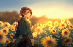 Rule 34 | 1girl, armor, artist name, back, belt, birthday, black gloves, black shirt, closed mouth, collared jacket, commentary, day, english commentary, field, fire emblem, fire emblem: three houses, floating hair, flower, flower field, gloves, green belt, green jacket, hair between eyes, highres, jacket, leaf, lips, long sleeves, looking at viewer, nintendo, outdoors, purple eyes, purple hair, sethkiel, shamir nevrand, shirt, short hair, shoulder armor, signature, sky, solo, sun, sunflower, sunflower field, sunlight, sunset, yellow flower