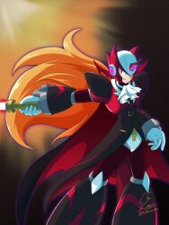 Rule 34 | armor, black cape, blonde hair, blue eyes, cape, demon boy, fang, feet out of frame, fontatoba, forehead jewel, halloween costume, highres, holding, holding sword, holding weapon, horns, long hair, looking at viewer, mega man (series), mega man x (series), mega man x dive, official alternate costume, red armor, red cape, red helmet, shoulder armor, single horn, slit pupils, smirk, sword, two-sided cape, two-sided fabric, very long hair, weapon, zero (mega man)