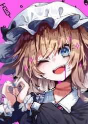 Rule 34 | 1girl, blonde hair, blue eyes, blush, collared shirt, commentary request, cropped torso, dress, drooling, false smile, frilled shirt collar, frills, hat, heart, heart hands, highres, injury, long sleeves, looking at viewer, maribel hearn, mob cap, muraryo, one eye closed, open mouth, pink background, purple dress, rope marks, scrunchie, shirt, short hair, simple background, smile, solo, sparkle, teeth, touhou, upper body, upper teeth only, wing collar