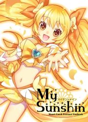 Rule 34 | 10s, 1girl, bad id, bad pixiv id, blonde hair, bow, brooch, copyright name, cure sunshine, english text, engrish text, hair ribbon, heart, heart brooch, heartcatch precure!, long hair, magical girl, midriff, myoudouin itsuki, navel, outstretched hand, precure, ranguage, ribbon, skirt, smile, solo, twintails, very long hair, wasabi (sekai), white background, yellow bow, yellow eyes, yellow skirt, yellow theme