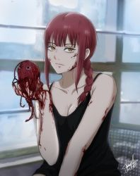 Rule 34 | 1girl, @ @, black tank top, blood, blood on face, blood splatter, braid, breasts, chainsaw man, closed mouth, highres, indoors, laillnii, looking to the side, makima (chainsaw man), medium breasts, medium hair, pochita (chainsaw man), red hair, ringed eyes, sidelocks, sitting, solo, tank top, yellow eyes
