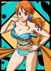 Rule 34 | 1girl, breasts, brown eyes, cameltoe, cleavage, darkuro 27, female focus, hand on own hip, japanese clothes, kimono, large breasts, long hair, nami (one piece), one piece, orange hair, panties, ponytail, solo, tattoo, underwear, white panties