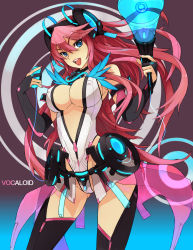 Rule 34 | 1girl, blue eyes, breasts, bridal gauntlets, caee penguin, center opening, cleavage, cosplay, covered erect nipples, hatsune miku, hatsune miku (append), highres, large breasts, long hair, megaphone, megurine luka, miku append (cosplay), pink hair, solo, thighhighs, unzipped, very long hair, vocaloid, vocaloid append