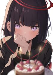 Rule 34 | 1girl, armband, birthday cake, black choker, black hair, black sailor collar, black shirt, blue archive, blunt bangs, blurry, blurry foreground, blush, cake, candle, choker, closed mouth, commentary, food, halo, hand on own cheek, hand on own face, hand up, highres, jenna (jenna0108je), long sleeves, looking at viewer, mashiro (blue archive), medium hair, plate, purple eyes, red armband, red halo, sailor collar, shirt, simple background, solo, upper body, white background, winged halo
