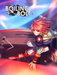 Rule 34 | 1girl, boiling bolt, commentary, copyright name, ctiahao, dynamic pose, english commentary, floating hair, green eyes, jumping, june (boiling bolt), logo, looking at viewer, motion blur, red hair