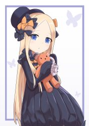 Rule 34 | 1girl, abigail williams (fate), absurdres, black bow, black dress, black hat, blonde hair, blue eyes, bow, bug, butterfly, closed mouth, commentary request, denkouseka akaiken, dress, fate/grand order, fate (series), forehead, hair bow, hands up, hat, head tilt, highres, hugging object, insect, long hair, long sleeves, looking at viewer, orange bow, parted bangs, polka dot, polka dot bow, sleeves past fingers, sleeves past wrists, solo, stuffed animal, stuffed toy, teddy bear, very long hair