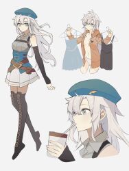Rule 34 | 1girl, beret, boots, breasts, cup, detached sleeves, disposable cup, double-parted bangs, dress, drinking, drinking straw, drinking straw in mouth, eiyuu densetsu, fie claussell, full body, george man, green eyes, hair between eyes, hat, highres, holding, holding cup, kuro no kiseki, long hair, simple background, skirt, small breasts, solo, white background, white hair