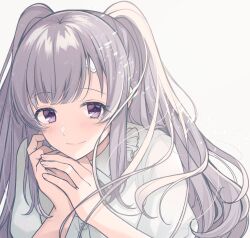 Rule 34 | 1girl, artist request, bandaid, bandaid on face, bandaid on forehead, commentary request, frilled shirt, frills, grey background, grey hair, highres, idolmaster, idolmaster shiny colors, long hair, looking at viewer, portrait, purple eyes, shirt, smile, solo, sunlight, twintails, upper body, white shirt, yukoku kiriko