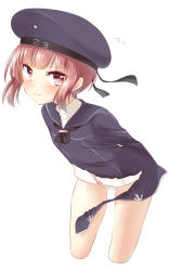 Rule 34 | 10s, 1girl, 3:, arms behind back, bad id, bad pixiv id, blush, brown hair, clothes writing, cropped legs, embarrassed, flying sweatdrops, hat, highres, hiraga pikurosu, kantai collection, long sleeves, military, military uniform, neckerchief, panties, red eyes, red hair, sailor collar, sailor hat, short hair, sidelocks, simple background, solo, sweatdrop, torn clothes, underwear, uniform, white background, white panties, z3 max schultz (kancolle)