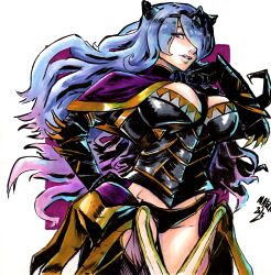 Rule 34 | 1girl, absurdres, armor, black armor, black panties, breasts, camilla (fire emblem), cleavage, cowboy shot, fire emblem, fire emblem fates, gloves, hair over one eye, hand on own hip, highres, hip armor, large breasts, lips, long hair, looking at viewer, maeca art, mature female, nintendo, open mouth, panties, pelvic curtain, purple eyes, purple hair, revealing clothes, signature, simple background, solo, tiara, underwear, wavy hair