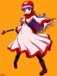 Rule 34 | 1girl, breasts, curly hair, dragon quest, dragon quest ii, dress, full body, hood, long hair, looking at viewer, open mouth, princess, princess of moonbrook, purple eyes, purple hair, robe, shirono, simple background, solo, staff, weapon