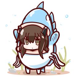 Rule 34 | 10s, 1girl, :&lt;, alternate costume, brown eyes, brown hair, bubble, chibi, fish, fish costume, highres, in water, jitome, kantai collection, nuu (nu-nyu), short hair, simple background, solo, sunfish, taihou (kancolle), white background