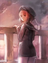 Rule 34 | 10s, 1girl, clothes writing, cloud, gradient background, hat, kantai collection, long sleeves, looking back, pantyhose, red eyes, red hair, sailor collar, sailor hat, short hair, sky, solo, sumisu (mondo), z3 max schultz (kancolle)