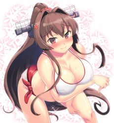 Rule 34 | 1girl, bikini, breasts, brown hair, cherry blossoms, cleavage, collarbone, commentary request, cowboy shot, floral background, flower, hair flower, hair intakes, hair ornament, hase yu, headgear, kantai collection, large breasts, leaning forward, long hair, ponytail, red eyes, red sarong, sarong, solo, swimsuit, wet, white background, white bikini, yamato (kancolle)