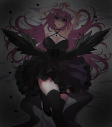 Rule 34 | 1girl, 2wol0207 february, absurdres, angel wings, armpit crease, black bow, black choker, black dress, black footwear, black thighhighs, black wings, blush, bow, breasts, choker, cleavage, corset, criss-cross halter, doll, dorothy (nikke), dorothy (nostalgia) (nikke), dress, empty eyes, feathered wings, feathers, flower, goddess of victory: nikke, hair bow, hair bun, hair intakes, halterneck, high heels, highres, large breasts, long hair, looking at viewer, lying, makeup, nail polish, official alternate costume, on back, parted lips, pink hair, pink nails, purple eyes, rose, short dress, single hair bun, single side bun, sleeveless, sleeveless dress, solo, table, thigh strap, thighhighs, thighs, wings