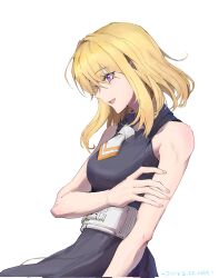 Rule 34 | 1girl, artist name, bang dream!, bang dream! it&#039;s mygo!!!!!, belt, black dress, blonde hair, chinese commentary, collared dress, commentary request, corrupted twitter file, dated, dress, highres, ksst, medium hair, misumi uika, necktie, open mouth, purple eyes, simple background, sleeveless, sleeveless dress, smile, solo, upper body, white background, white necktie