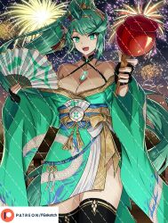 Rule 34 | alternate costume, breasts, fgsketch, green eyes, green hair, highres, japanese clothes, kimono, large breasts, pneuma (xenoblade), ponytail, xenoblade chronicles (series), xenoblade chronicles 2