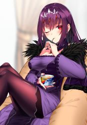 Rule 34 | 1girl, absurdres, bare shoulders, bean bag chair, black ribbon, blush, breasts, cleavage, detached collar, dress, eating, fate/grand order, fate (series), feather trim, food, hair between eyes, hair ribbon, highres, huge filesize, ice cream, ice cream spoon, jewelry, jun (aousa0328), large breasts, long hair, long sleeves, looking at viewer, one eye closed, pantyhose, pendant, purple dress, purple hair, purple pantyhose, red eyes, ribbon, scathach (fate), scathach skadi (fate), sitting, solo, spoon, thighs, tiara, wide sleeves